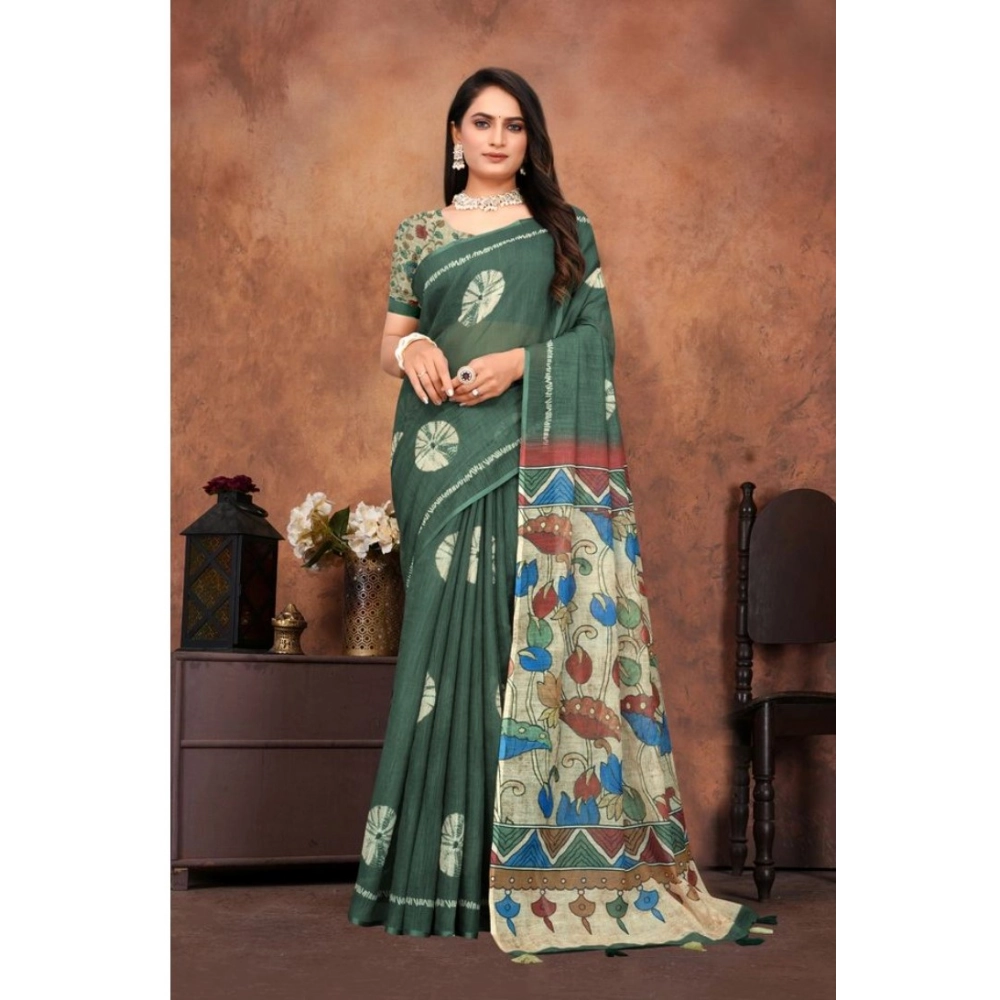 Women's Linen Printed Saree with Blouse – Dark Green