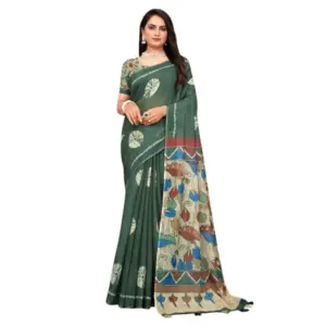 Women's Linen Printed Saree with Blouse – Dark Green