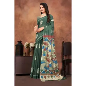 Women's Linen Printed Saree with Blouse – Dark Green