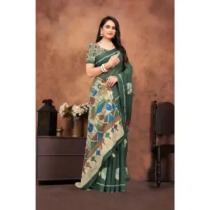 Women's Linen Printed Saree with Blouse – Dark Green