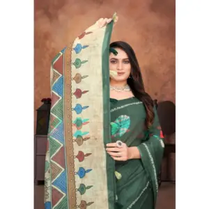 Women's Linen Printed Saree with Blouse – Dark Green