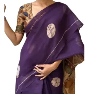 Women's Linen Printed Saree with Blouse – Purple