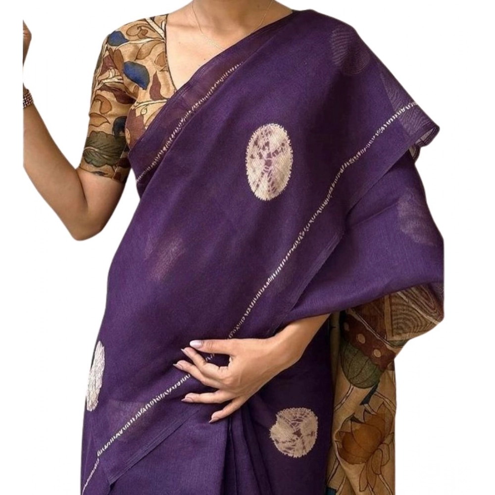 Women's Linen Printed Saree with Blouse – Purple