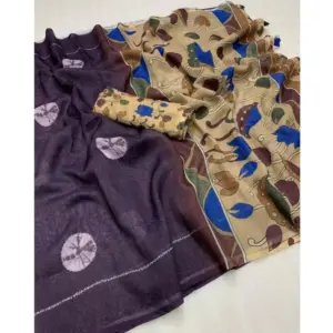 Women's Linen Printed Saree with Blouse – Purple