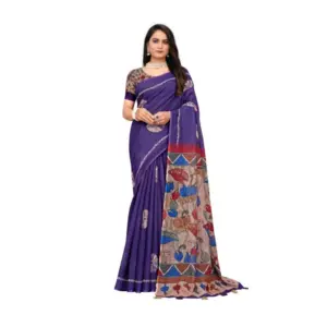 Women's Linen Printed Saree with Blouse – Purple