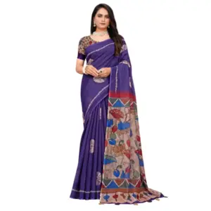 Women's Linen Printed Saree with Blouse – Purple