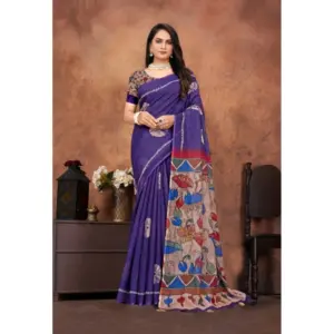 Women's Linen Printed Saree with Blouse – Purple