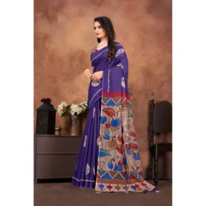 Women's Linen Printed Saree with Blouse – Purple