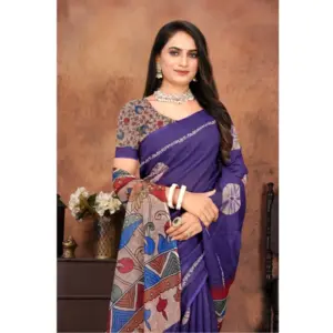 Women's Linen Printed Saree with Blouse – Purple