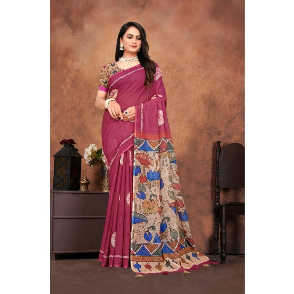 Women's Linen Printed Saree with Blouse – Purple