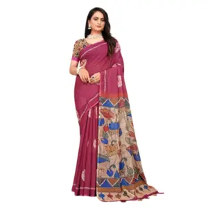 Women's Linen Printed Saree with Blouse – Purple