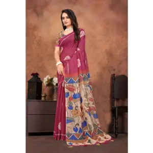 Women's Linen Printed Saree with Blouse – Purple