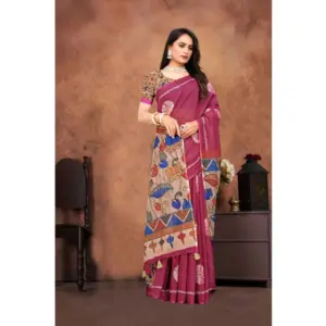 Women's Linen Printed Saree with Blouse – Purple