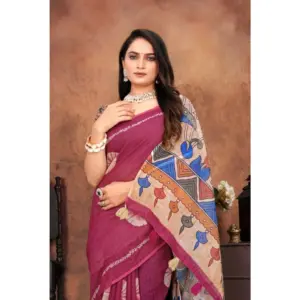 Women's Linen Printed Saree with Blouse – Purple