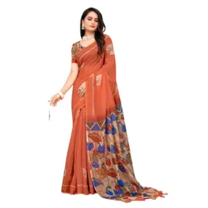Women's Linen Printed Saree with Blouse – Red