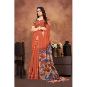 Women's Linen Printed Saree with Blouse – Red