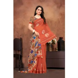 Women's Linen Printed Saree with Blouse – Red