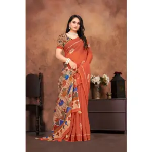Women's Linen Printed Saree with Blouse – Red