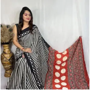 Women's Satin Printed Saree with Blouse – Black