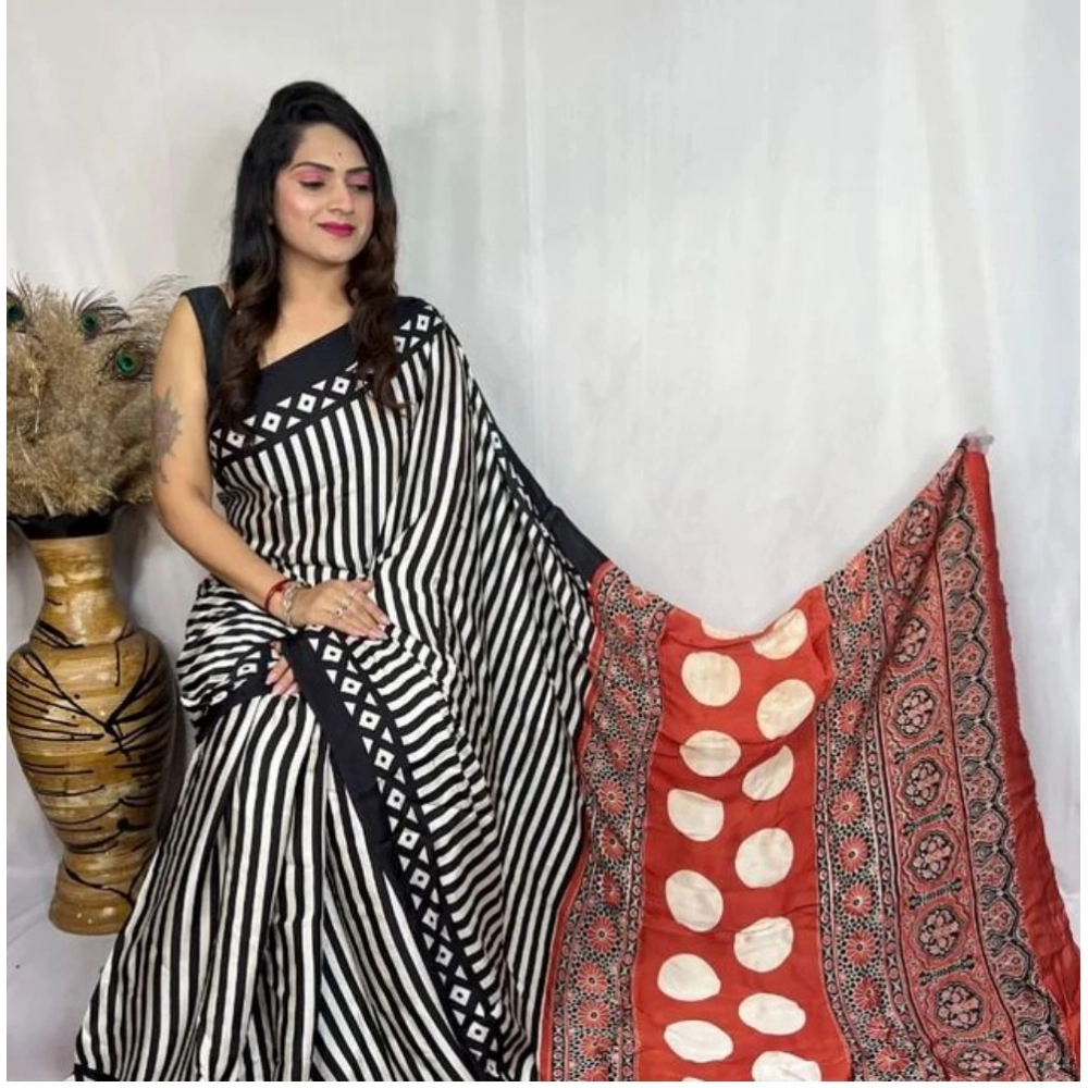 Women's Satin Printed Saree with Blouse – Black