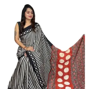 Women's Satin Printed Saree with Blouse – Black
