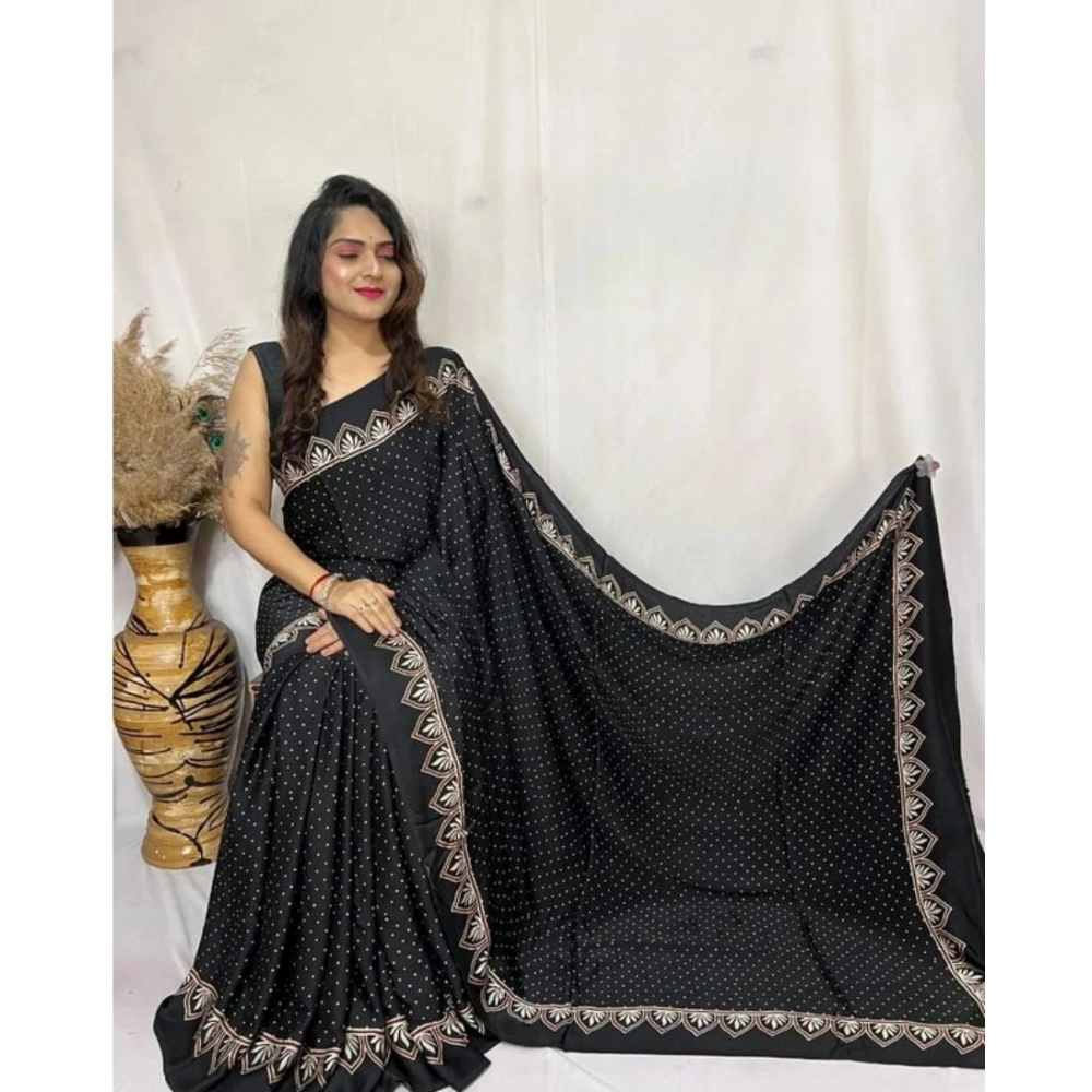 Women's Satin Printed Saree with Blouse – Black