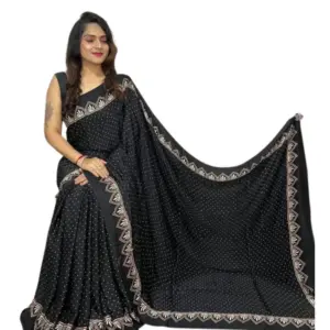 Women's Satin Printed Saree with Blouse – Black