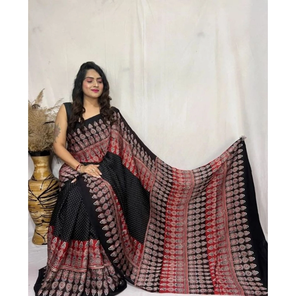 Women's Satin Printed Saree with Blouse – Black