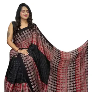 Women's Satin Printed Saree with Blouse – Black