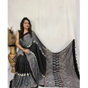 Women's Satin Printed Saree with Blouse – Black