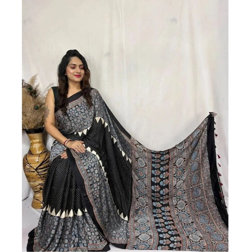 Women's Satin Printed Saree with Blouse – Black