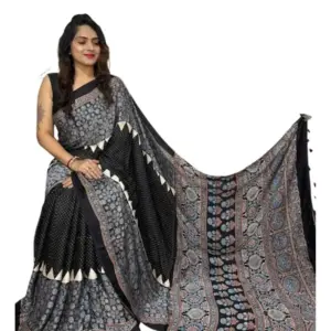 Women's Satin Printed Saree with Blouse – Black
