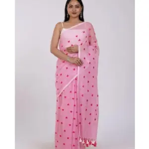 Women's Linen Printed Saree with Blouse – Pink