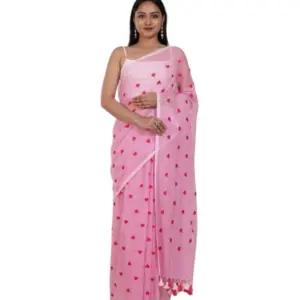 Women's Linen Printed Saree with Blouse – Pink