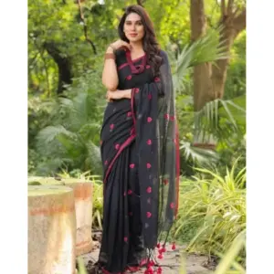 Women's Linen Printed Saree with Blouse – Black