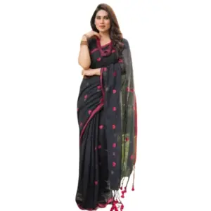 Women's Linen Printed Saree with Blouse – Black