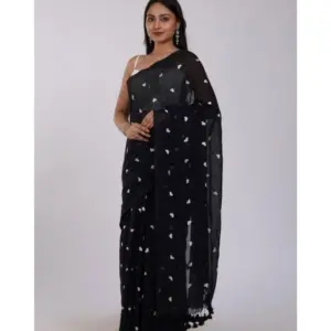 Women's Linen Printed Saree with Blouse – Black