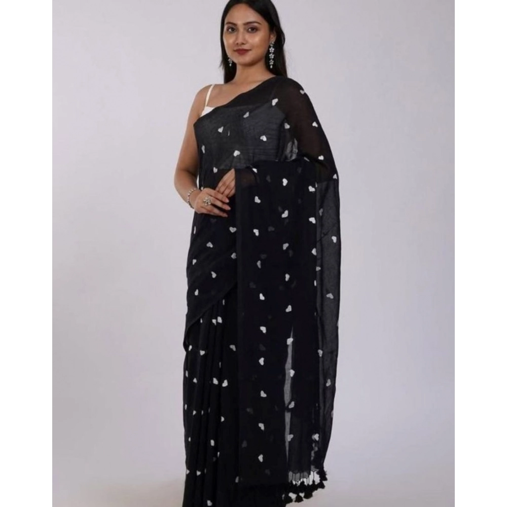 Women's Linen Printed Saree with Blouse – Black