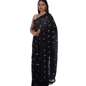 Women's Linen Printed Saree with Blouse – Black