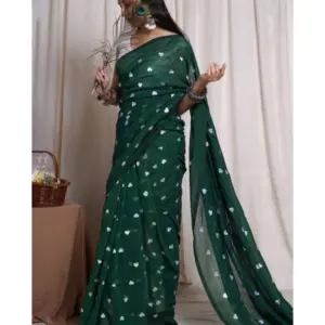 Women's Linen Printed Saree with Blouse – Green