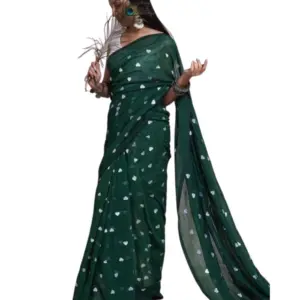 Women's Linen Printed Saree with Blouse – Green