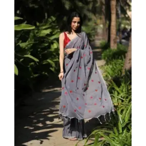 Women's Linen Printed Saree with Blouse – Grey