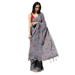 Women's Linen Printed Saree with Blouse – Grey