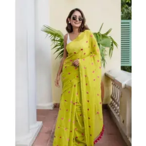 Women's Linen Printed Saree with Blouse – Light Green