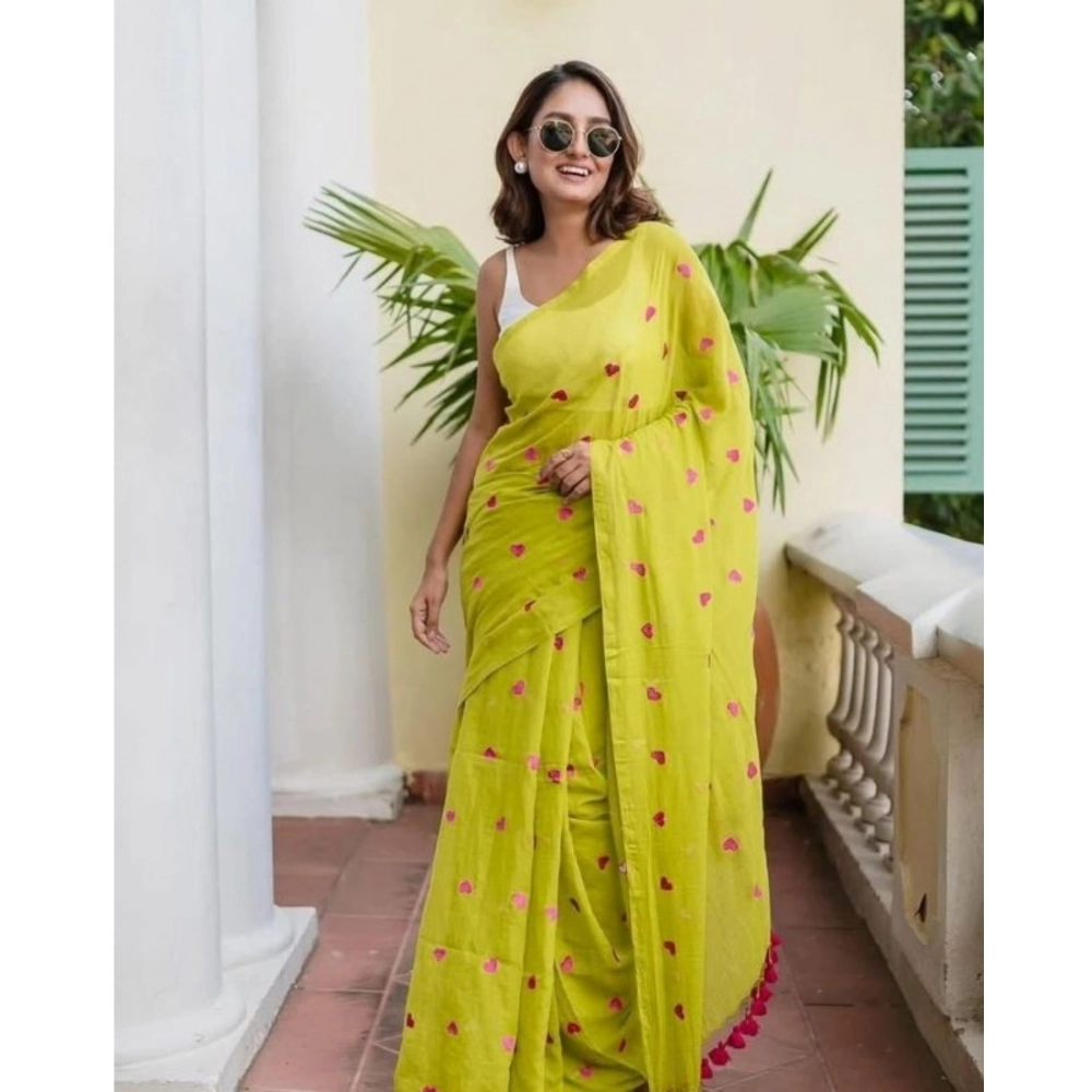 Women's Linen Printed Saree with Blouse – Light Green