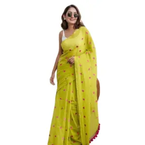 Women's Linen Printed Saree with Blouse – Light Green