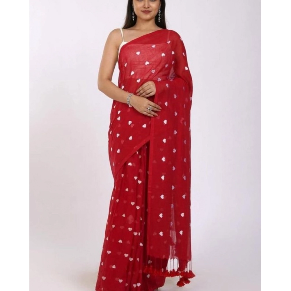 Women's Linen Printed Saree with Blouse – Red