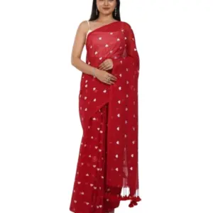 Women's Linen Printed Saree with Blouse – Red