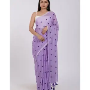 Women's Linen Printed Saree with Blouse – Purple