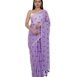 Women's Linen Printed Saree with Blouse – Purple
